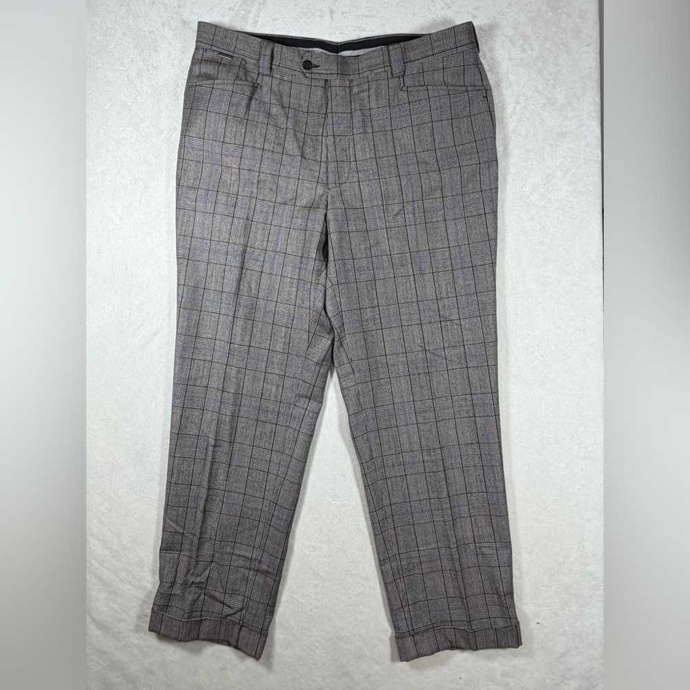 Versace Classic Made in Italy 38W 100% Wool Black and Blue Glen Plaid Dress Pant